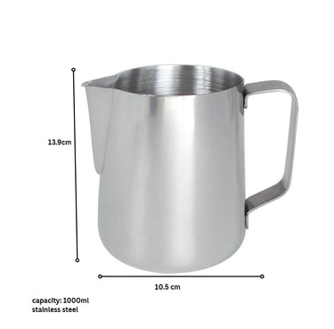 Stainless steel pitcher with dimensions and capacity on a white background